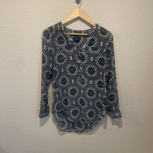 Lucky Brand Blue Floral Mix Print Sheer Long Sleeve Top Size XS Boho Peasant - Picture 2 of 10